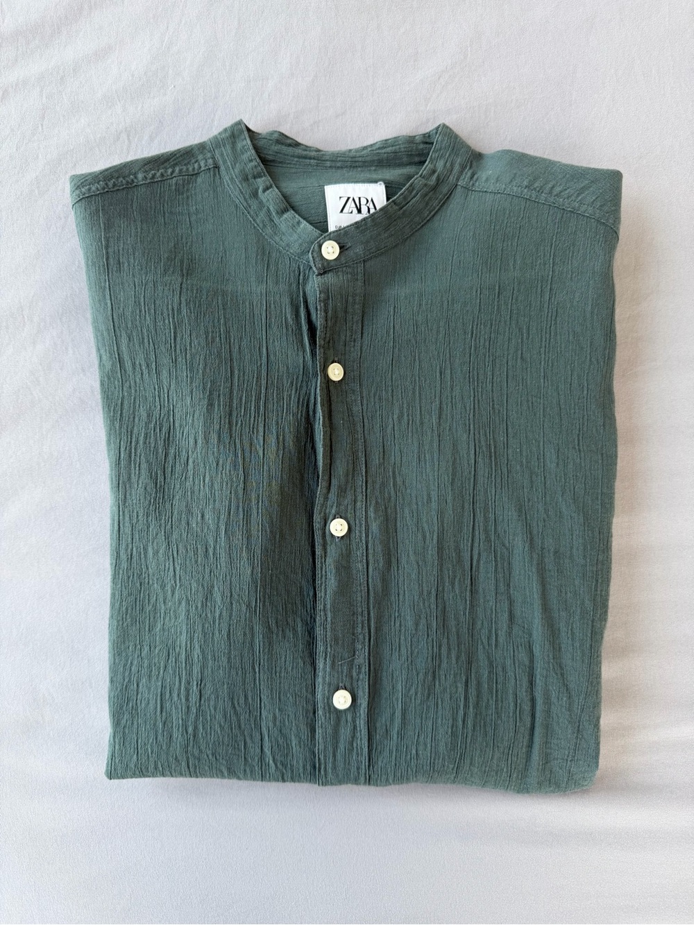 ZARA Men's Olive Green Mandarin-Collar Button-Down Shirt